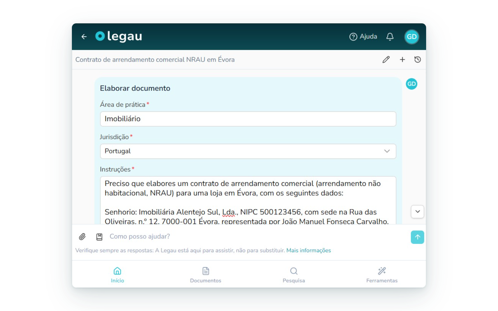 Geração de uma minuta de contrato no Word a partir do tipo e condições indicados.