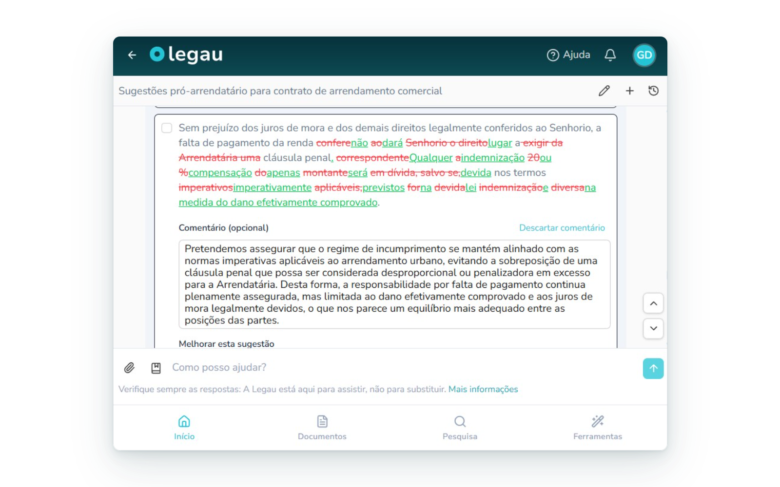 Alterações em track changes no Word com comentários a justificar cada mudança.