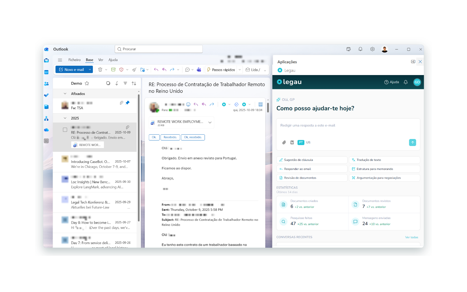 Painel da Legau aberto numa mensagem no Outlook.