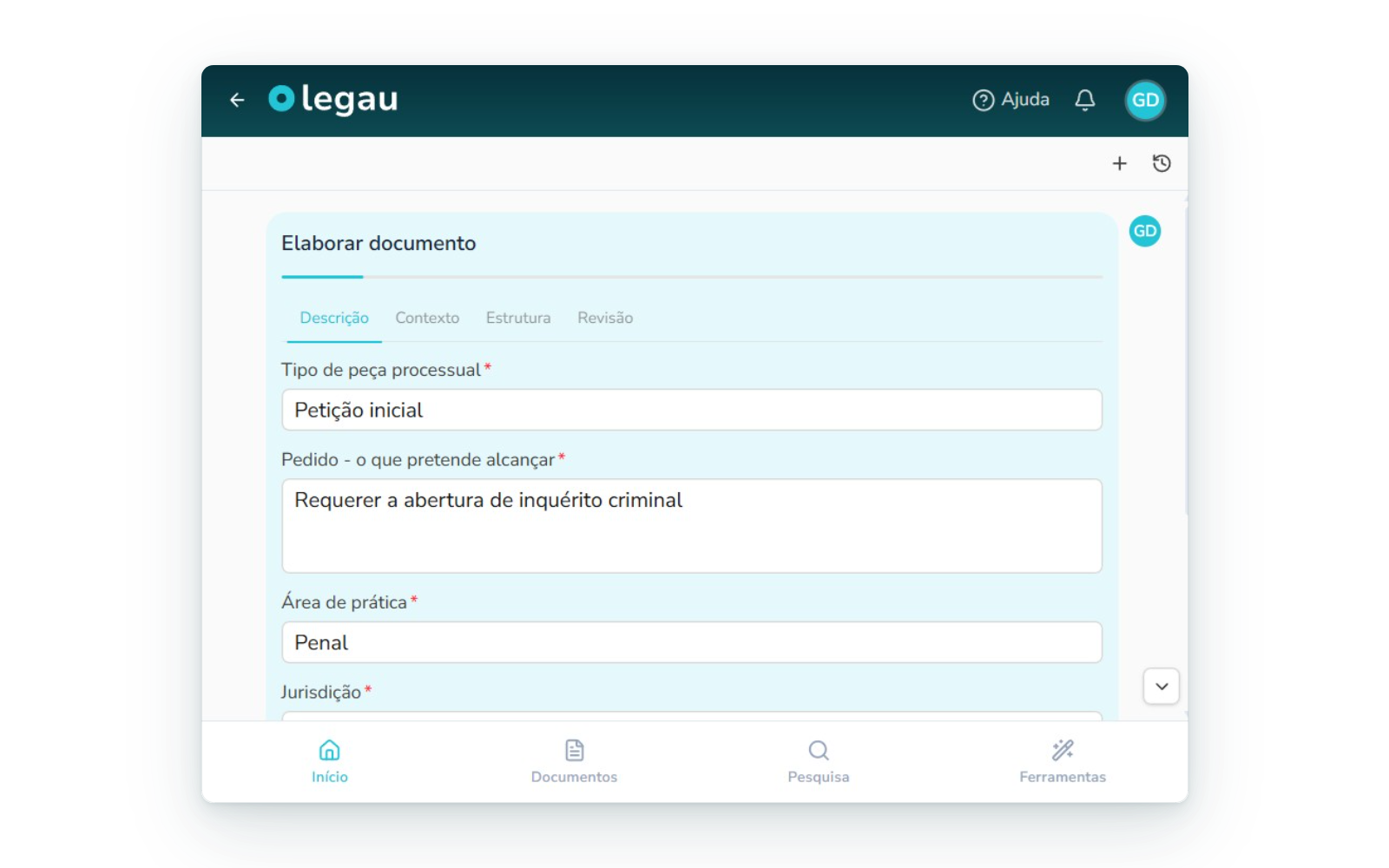 Redação de uma peça processual no Word com investigação jurídica automática.