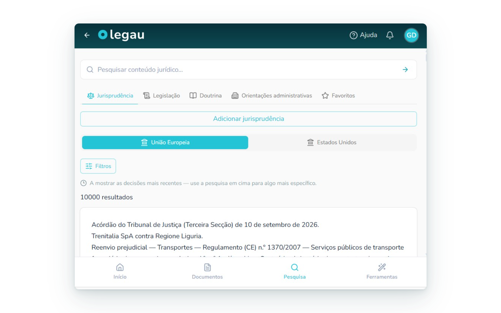 Painel de pesquisa com resultados de jurisprudência e documentos internos lado a lado.